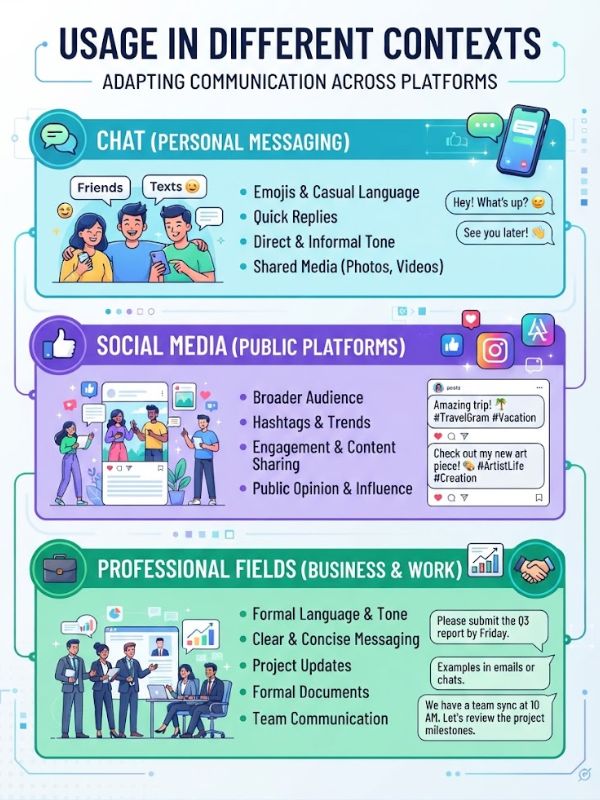 Usage in Different Contexts (Chat, Social Media, Professional Fields)